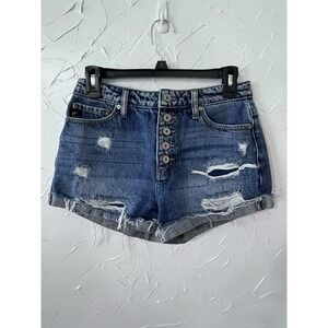 KanCan Jean Shorts Womens 3/25 High Rise Blue Denim Distressed Cuffed Cut Off